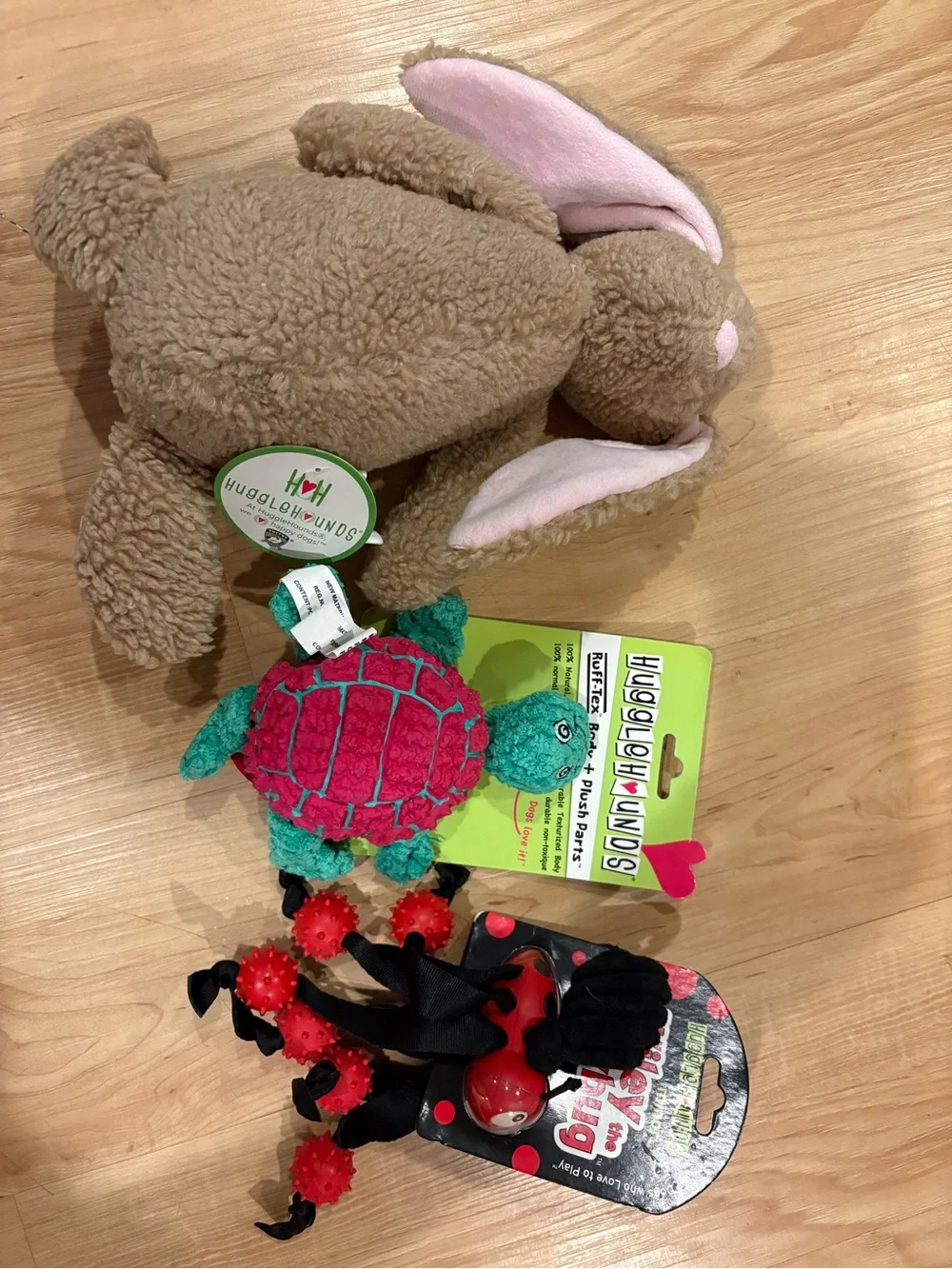 Plush Dog Toys Huggle Hounds, 3 toys: turtle, bunny, ladybug
